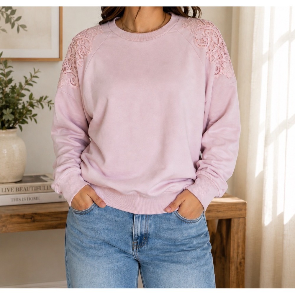Gloria Vanderbilt Womens Pink Lace Shoulder Pullover Sweatshirt M